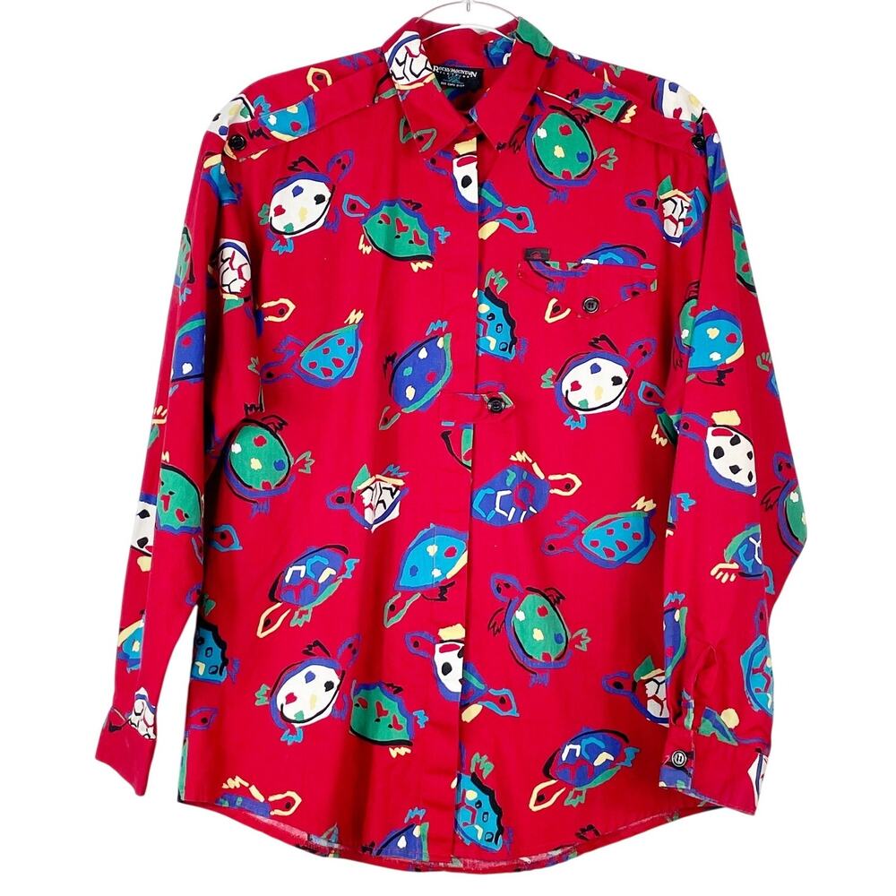 Vintage Rocky Mountain Men's Red Sea Turtle Long Sleeve Button Down Shirt Rodeo